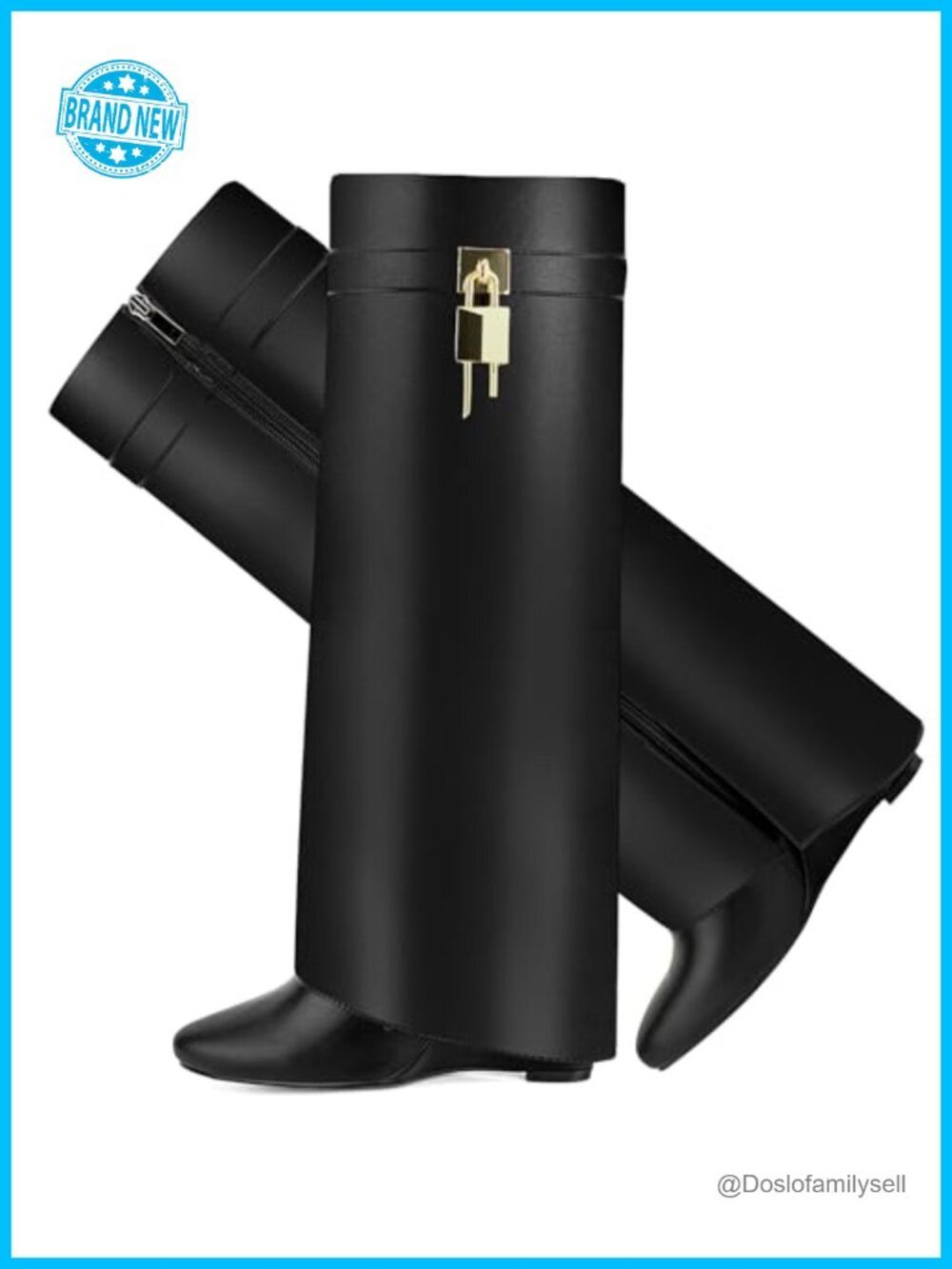 Faux Leather Fold Over Knee High Shark Boots 4-Inch Wedge Heel Side Zipper
